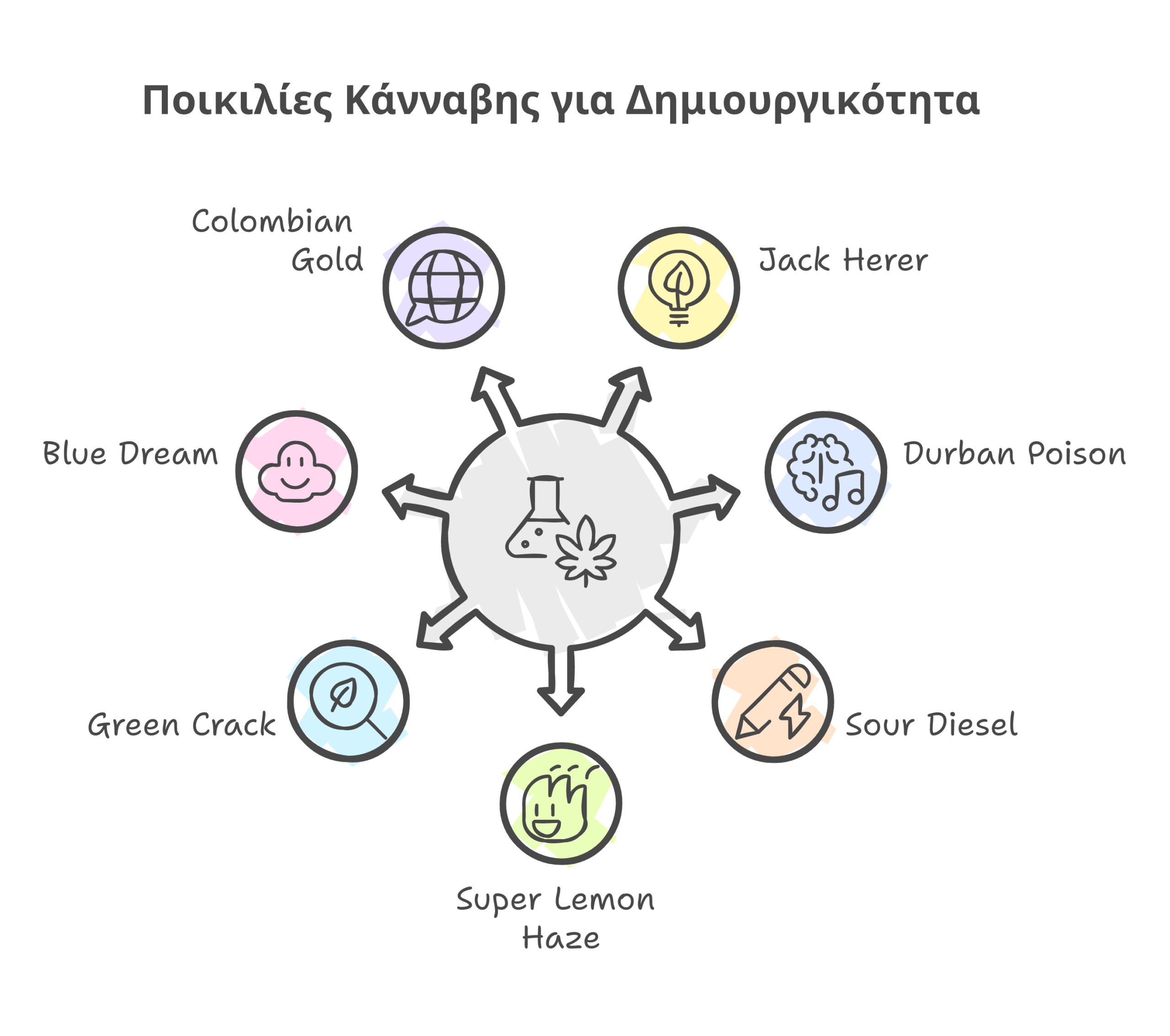 ποικιλίες κάνναβης δημιουργικότητα infographic
